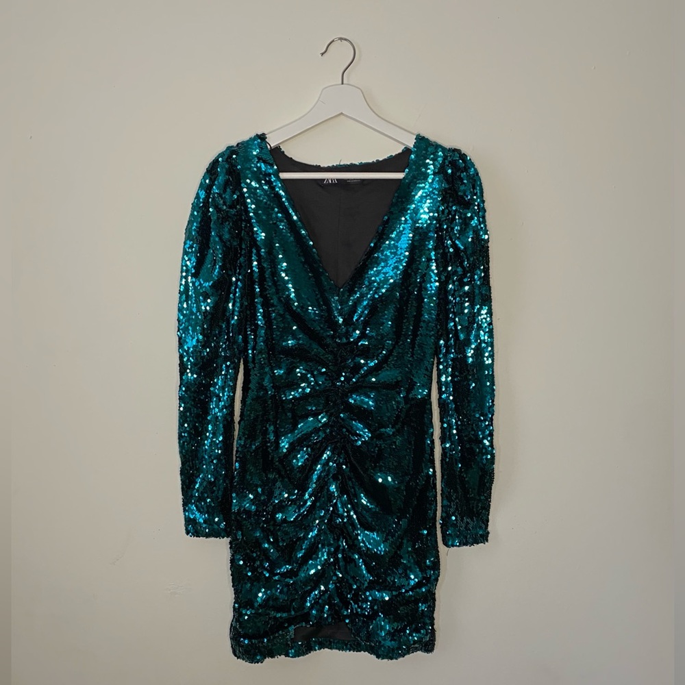 ‘Zara’ teal sequin puffy sleeve mini dress